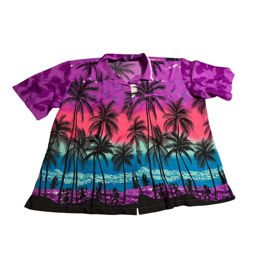 King Kameha Mens 3XL‎ Hawaiian Shirt Purple Pink Sunset Palm Tree Beach Tropical